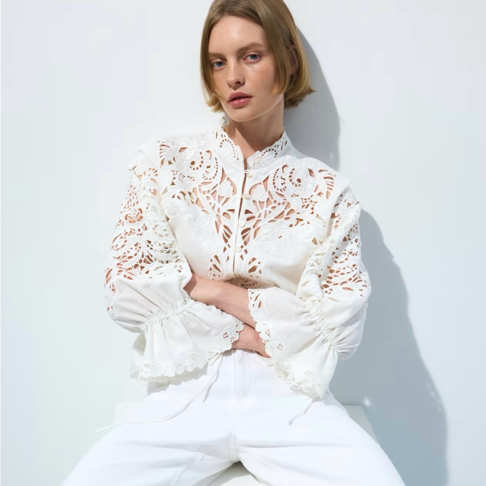 H&M LINEN-BLEND BLOUSE WITH EYELET EMBROIDERY - Picture 2 of 11